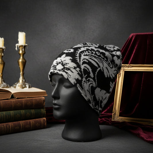 Black and white patterned beanie on a mannequin head against a white background