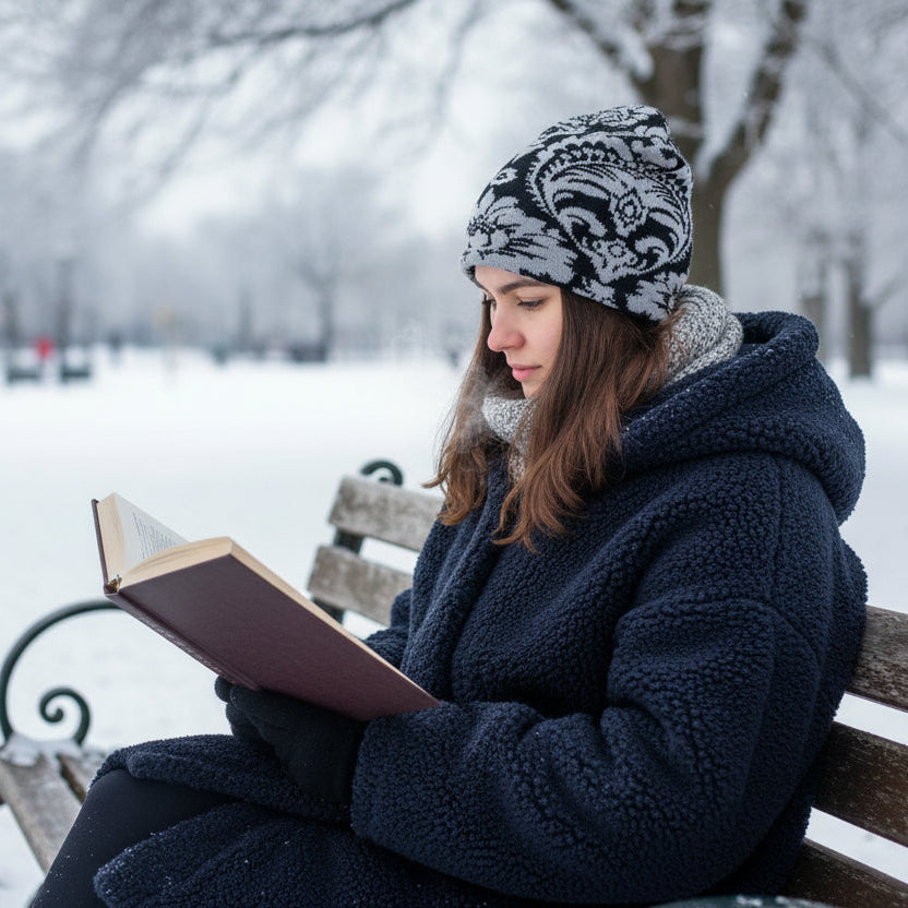 Black and white patterned beanie on a mannequin head against a white background