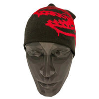 black beanie with red dinosaur