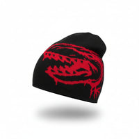 Black beanie with red design on a white background