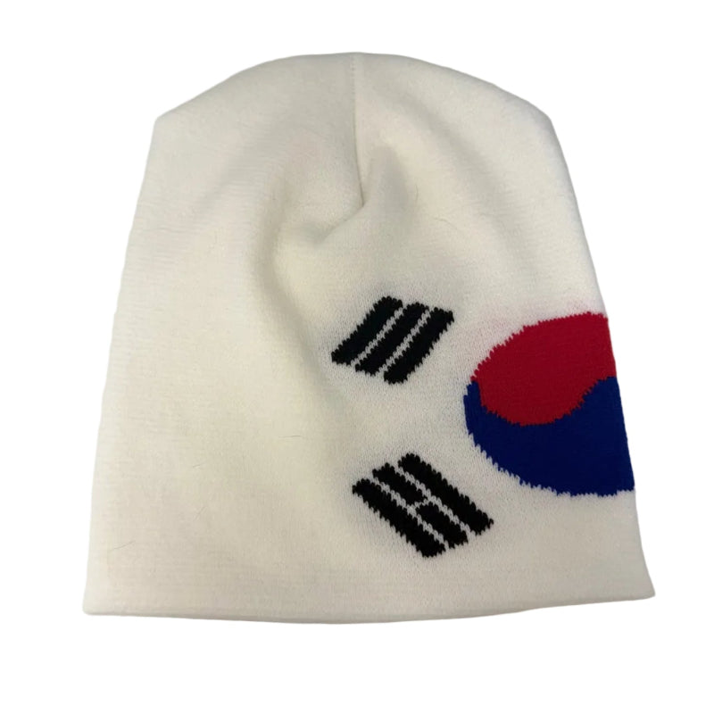 White beanie with South Korean flag design on a white background