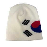 White beanie with South Korean flag design on a white background