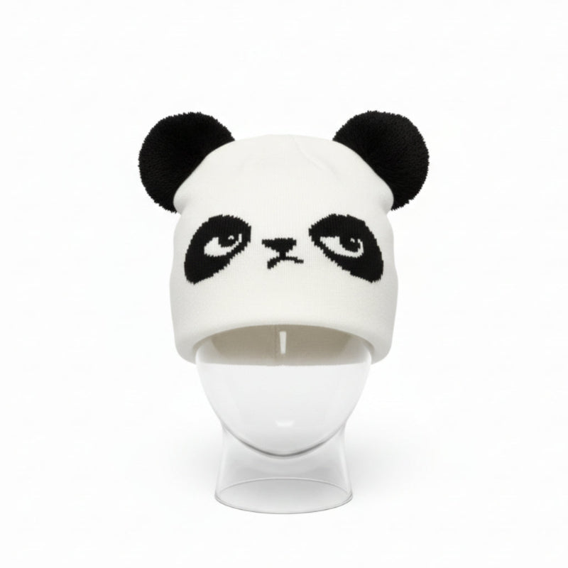 White beanie with panda face design on a mannequin head against a white background