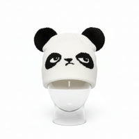 White beanie with panda face design on a mannequin head against a white background