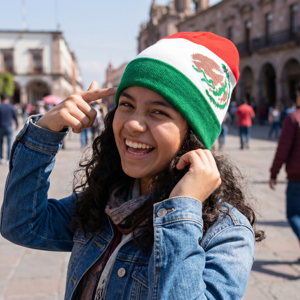Person wearing a Mexican flag beanie in an outdoor setting with buildings and people in the background