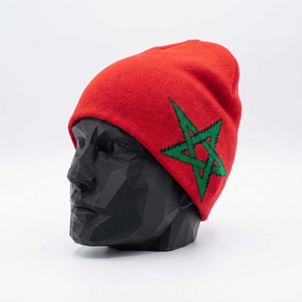 Red beanie with green star design on a black mannequin head against a white background