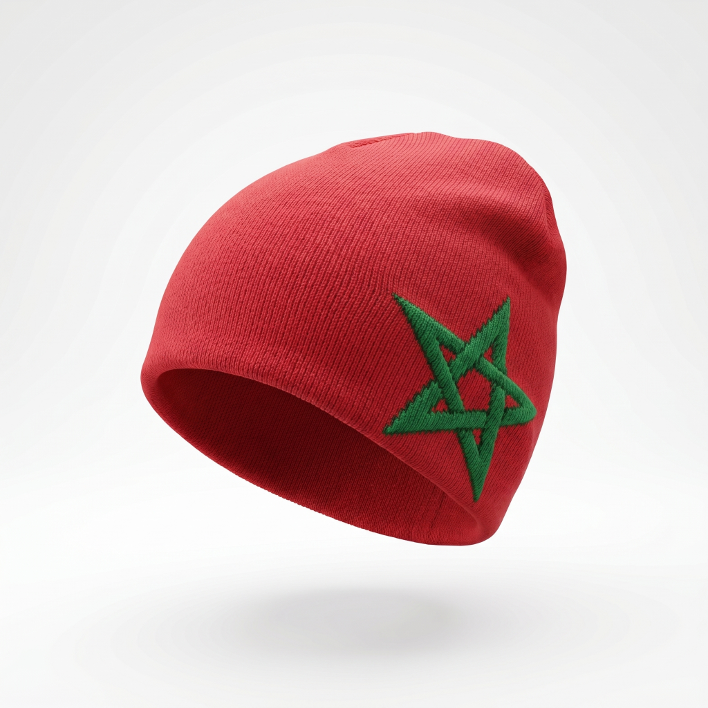 Red beanie with a green star emblem on a white background