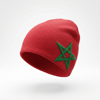 Red beanie with a green star emblem on a white background