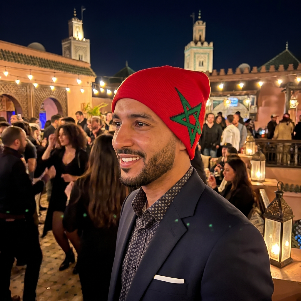 Man wearing a red beanie with a green star in a bustling outdoor night market.