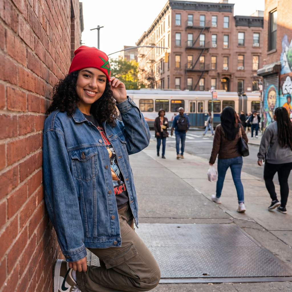 Woman in a red beanie and denim jacket leaning against a brick wall on a city street.