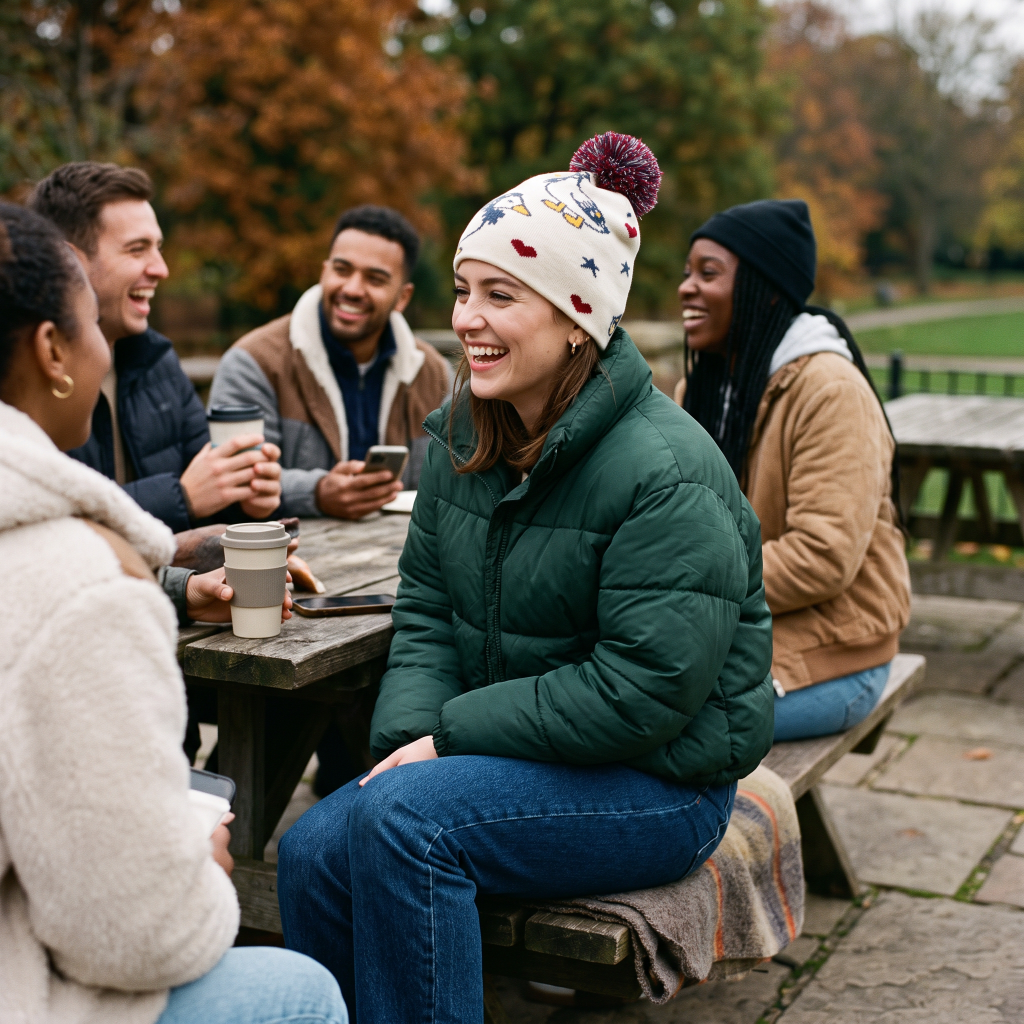 A group of four friends laughing and chatting around an outdoor wooden picnic table in a park, with autumn trees in the background. The central person is wearing a dark green puffer jacket and a white knit beanie with a purple pom-pom.