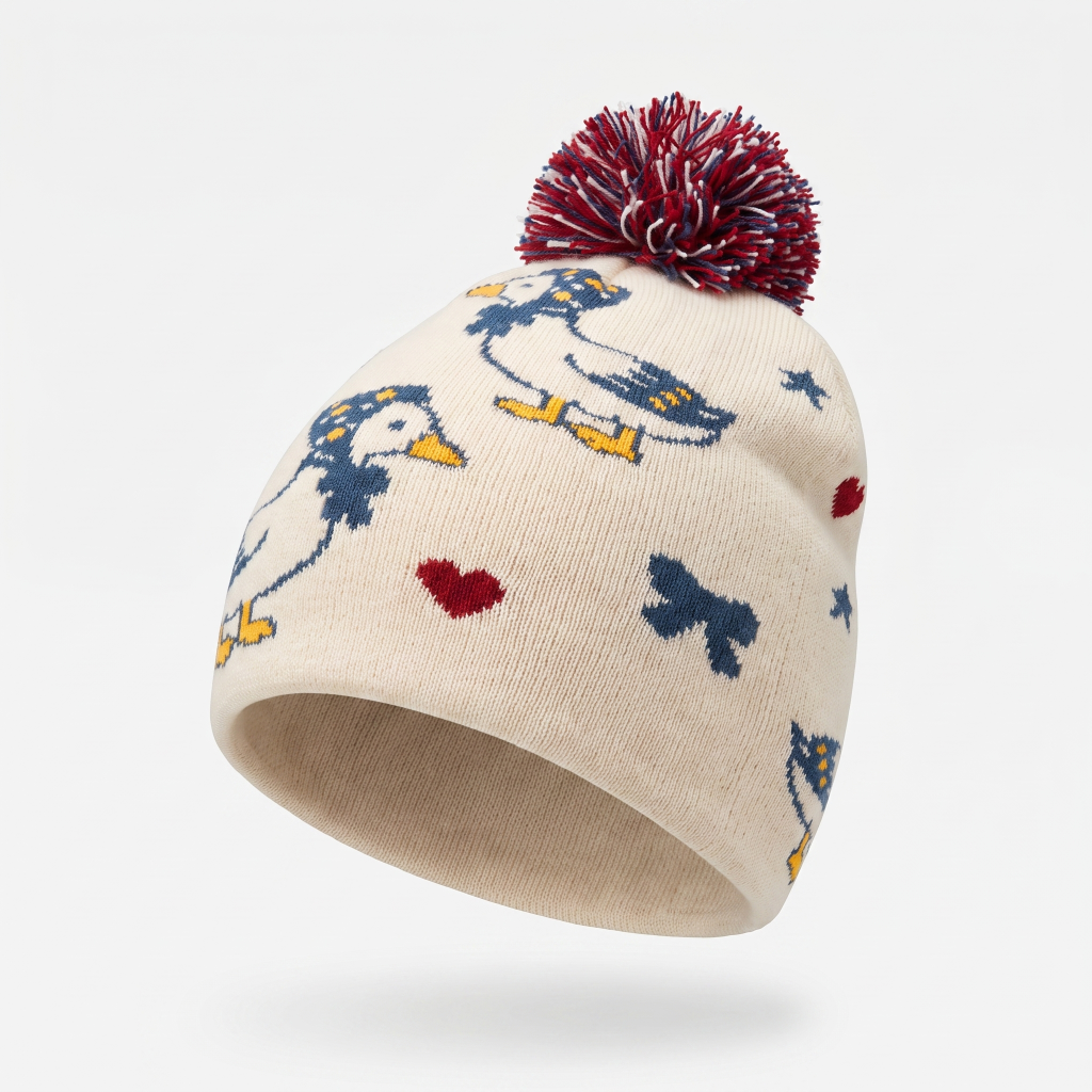 An off-white knit pom-pom beanie featuring a pattern of blue ducks, yellow beaks, red hearts, and blue bows, topped with a maroon and white pom-pom, shown against a light gray background.
