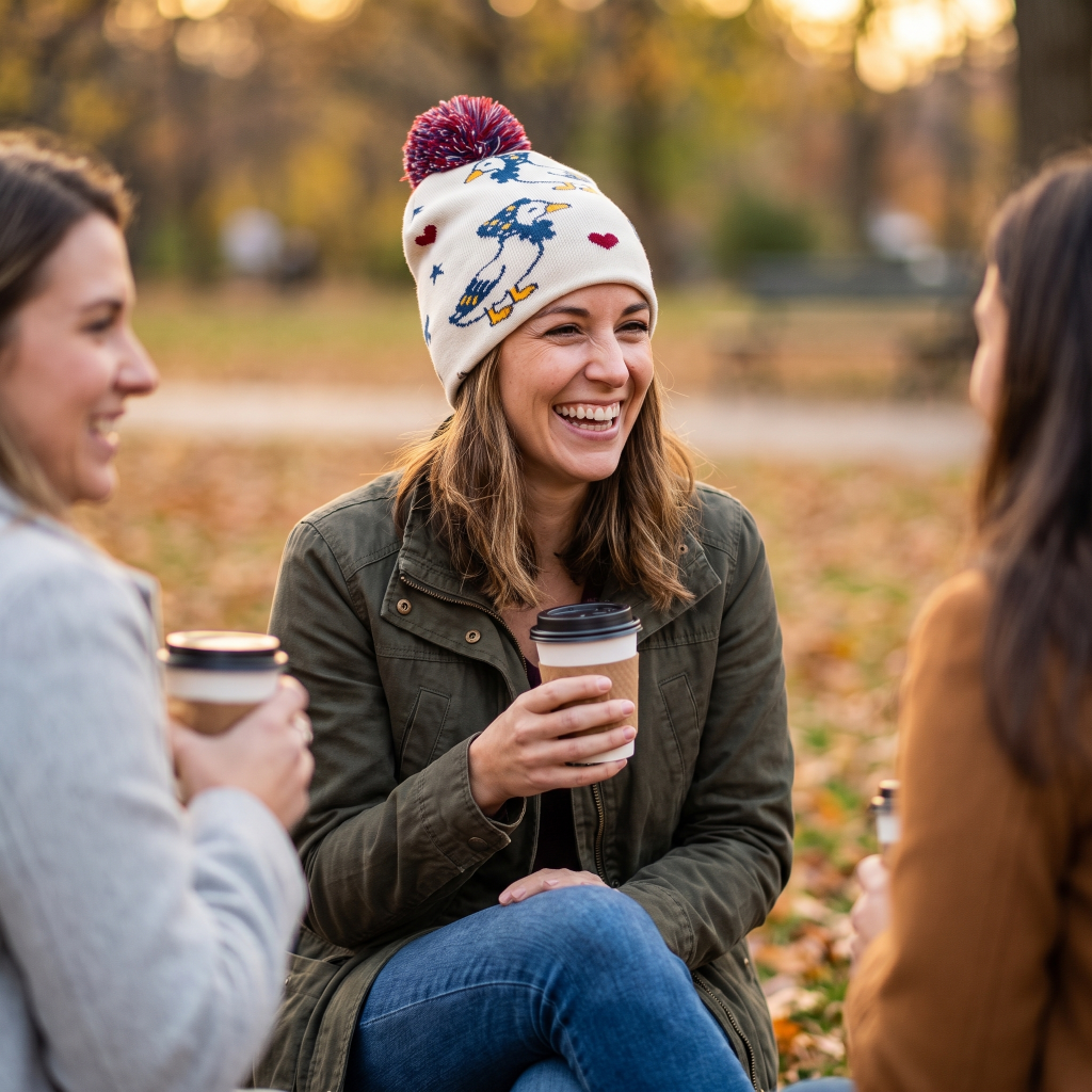 A woman sitting outdoors in a park-like setting with two other women, laughing and holding takeaway coffee cups. She is wearing a cream knit beanie with a colorful pom-pom and embroidered map design, an olive green jacket, and blue jeans.