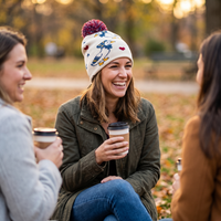 A woman sitting outdoors in a park-like setting with two other women, laughing and holding takeaway coffee cups. She is wearing a cream knit beanie with a colorful pom-pom and embroidered map design, an olive green jacket, and blue jeans.