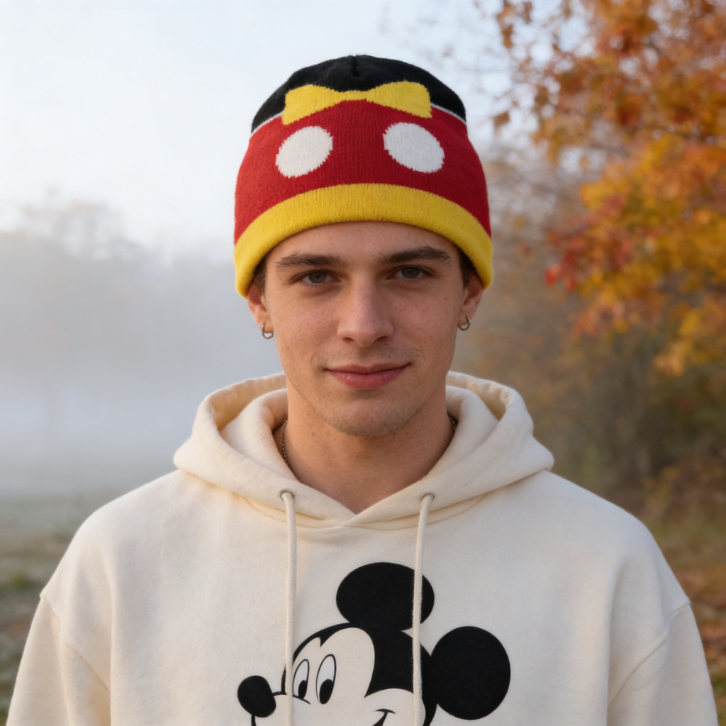 Person wearing a red and yellow knit hat with a bow and a beige hoodie with a cartoon character, standing outdoors.