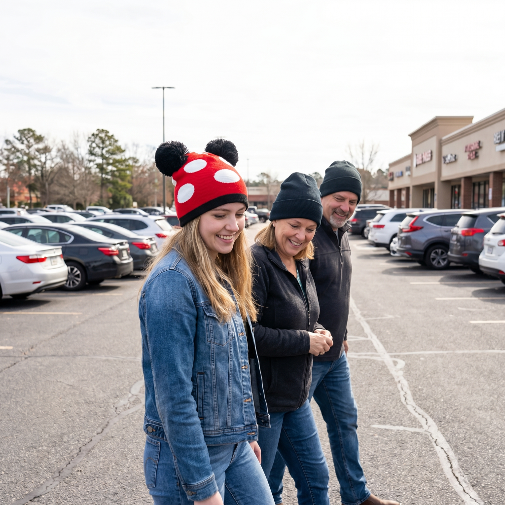 Three people walking in a parking lot with a person wearing a red and white hat with ears.