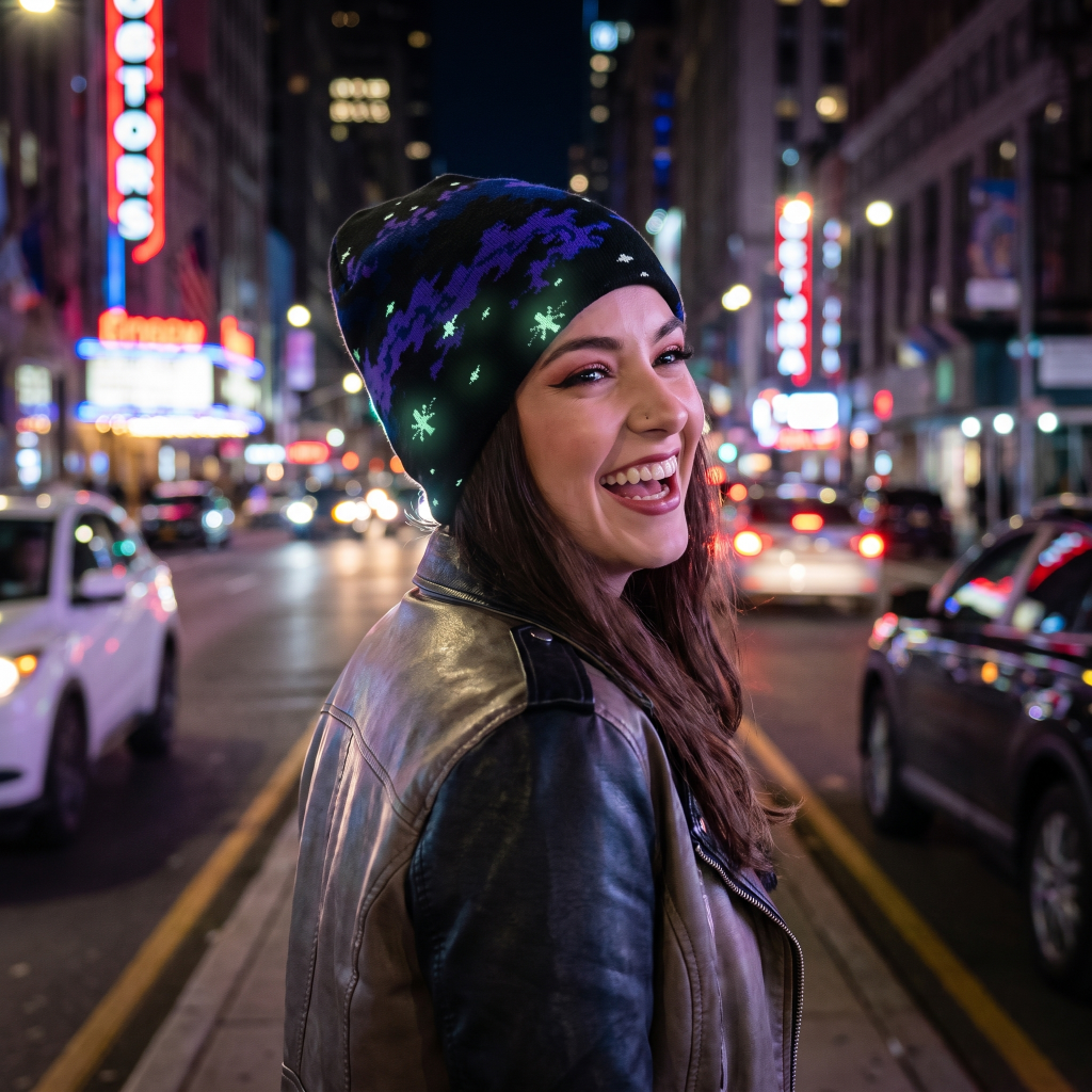 Woman laughing wearing glowing space beanie 