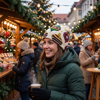 A woman at a festive outdoor market wearing a cream knit beanie with a colorful Christmas pattern, a dark green puffer jacket, and black gloves, holding a paper cup.