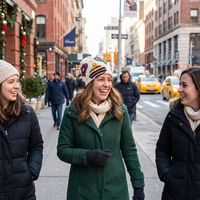 Three women laughing and walking on a city sidewalk, with the central woman wearing a dark green coat, cream scarf, black gloves, and a patterned knit beanie. Buildings, street signs, pedestrians, and yellow taxis are visible in the background.