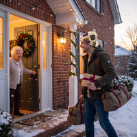 A man in a snowy winter scene walks up to a brick house door, carrying duffel bags and a wrapped gift while an older woman opens the door from inside. The house has a wreath, porch lights, and snow on the ground.