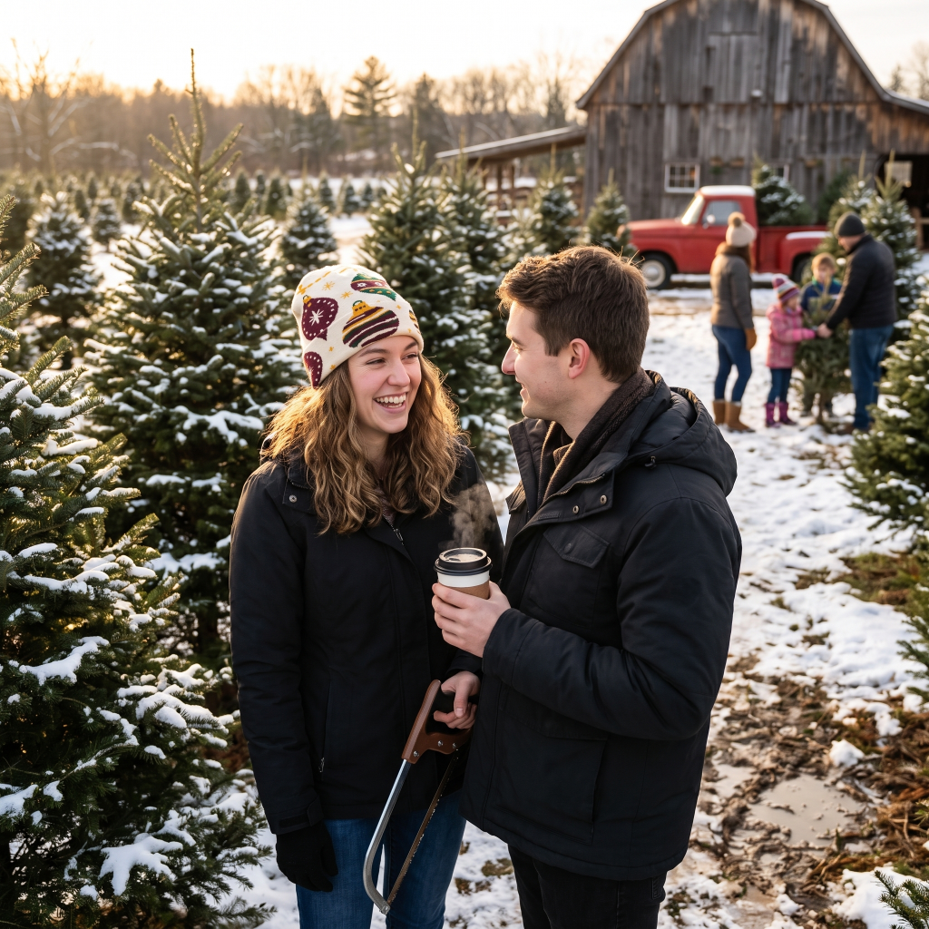A smiling couple standing in a snowy Christmas tree farm, with the woman wearing a patterned knit beanie and the man holding a takeaway coffee cup. Other people and a rustic barn are visible in the background.