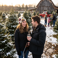 A smiling couple standing in a snowy Christmas tree farm, with the woman wearing a patterned knit beanie and the man holding a takeaway coffee cup. Other people and a rustic barn are visible in the background.