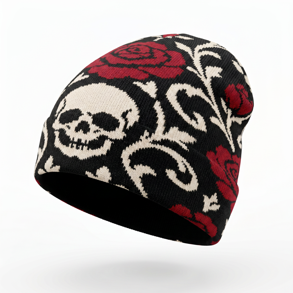 Black beanie with skull and rose pattern on a white background