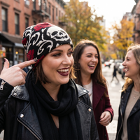 Woman wearing a black beanie with skull designs, smiling outdoors on a city street.