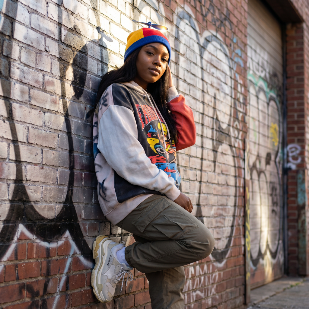 Person wearing a colorful beanie and sweatshirt leaning against a graffiti-covered wall.