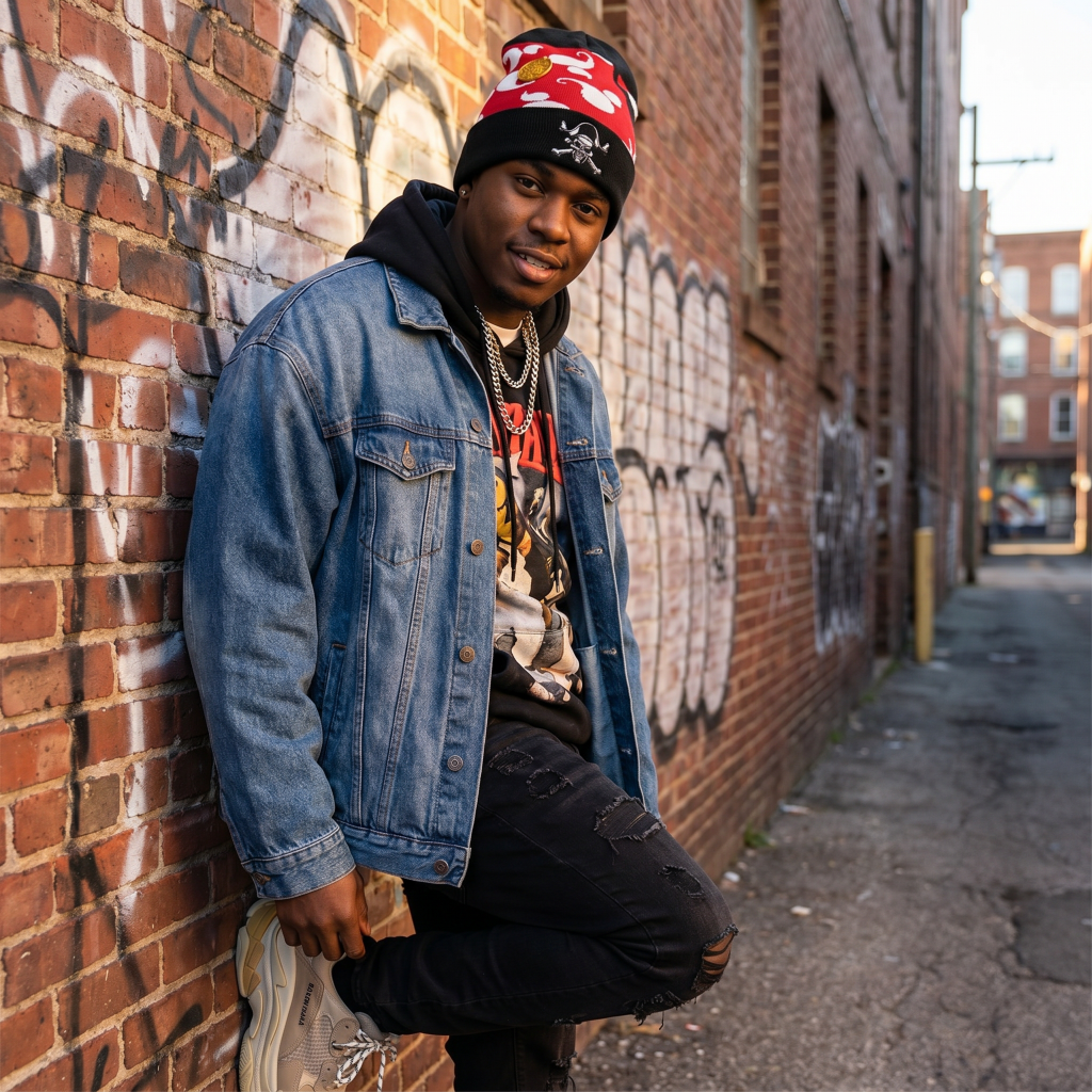 Person leaning against a graffiti-covered brick wall wearing pirate beanie