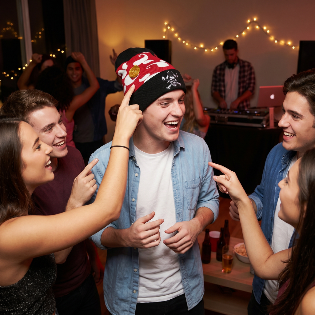 guy wearing pirate beanie with others pointing at it 