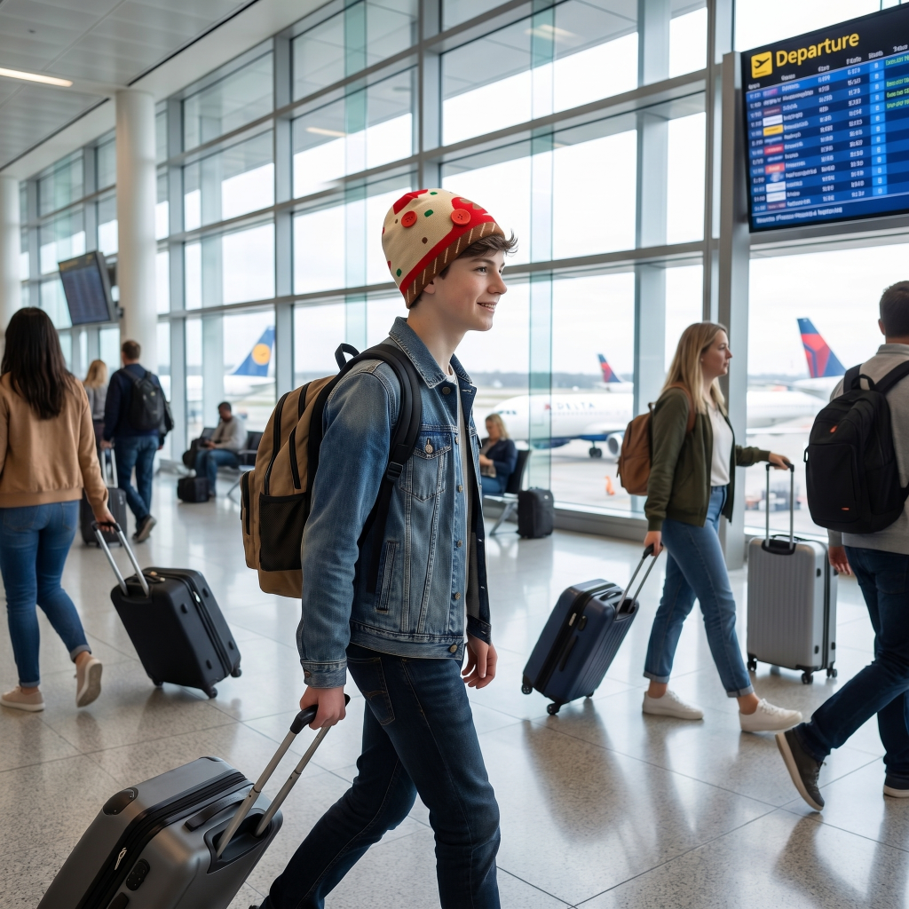 People with luggage walking through an airport terminal.