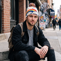 A man sitting on a city sidewalk wearing a colorful knit beanie with a rainbow stripe pattern and pom-pom, a dark jacket, a gray t-shirt, and a backpack.