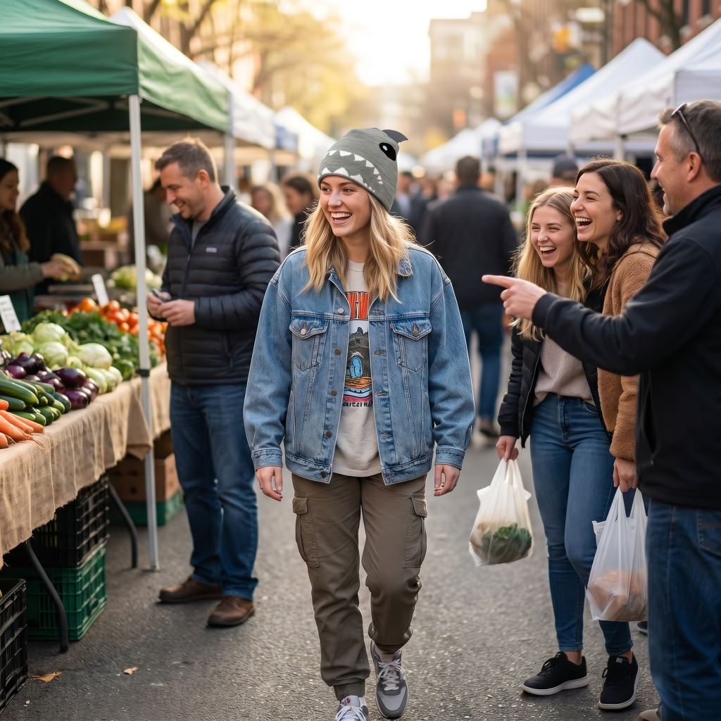People shopping at an outdoor market with a woman in a denim jacket and beanie walking among others.