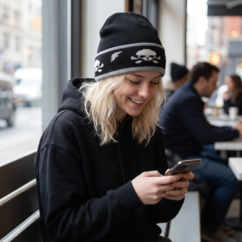 Person wearing a black beanie with skull designs, sitting in a cafe looking at their phone.