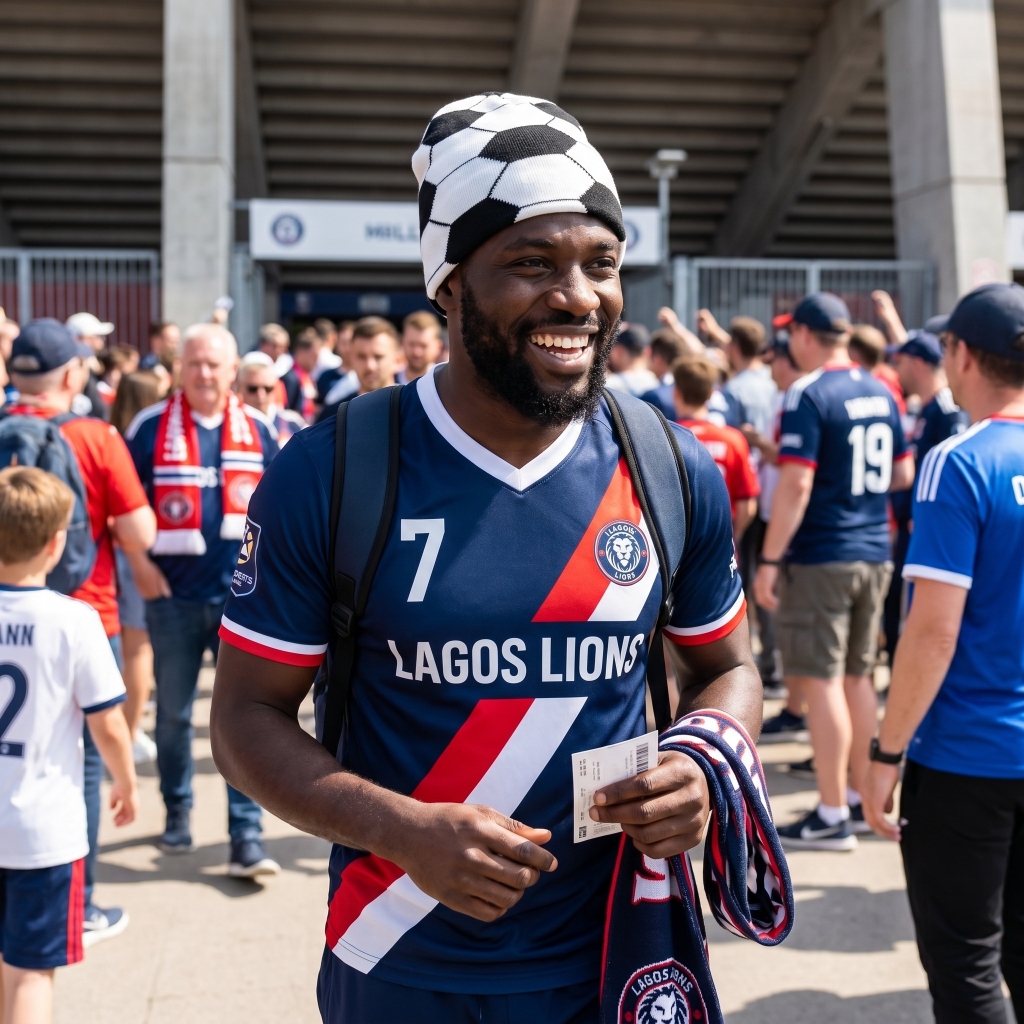 Man wearing a Lagos Lions sports jersey and checkered hat in a crowd at a stadium.