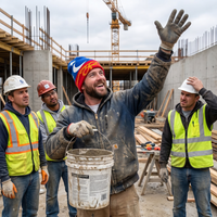 Construction workers on a site with one holding a bucket and waving