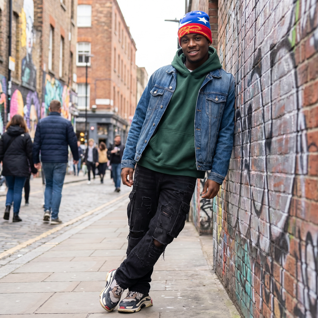 Person wearing a colorful beanie and denim jacket standing in an urban alley with graffiti.