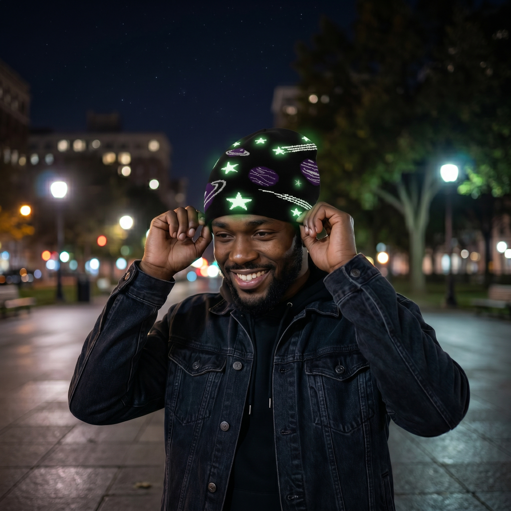 Man wearing a colorful beanie with star patterns outdoors at night.