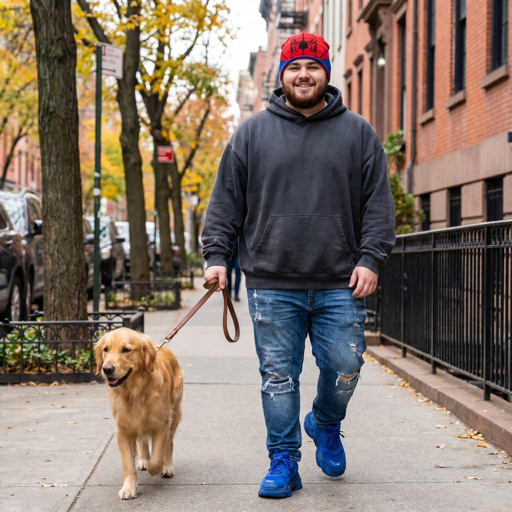 Man walking a dog on a leash in an urban setting wearing spiderman beanie