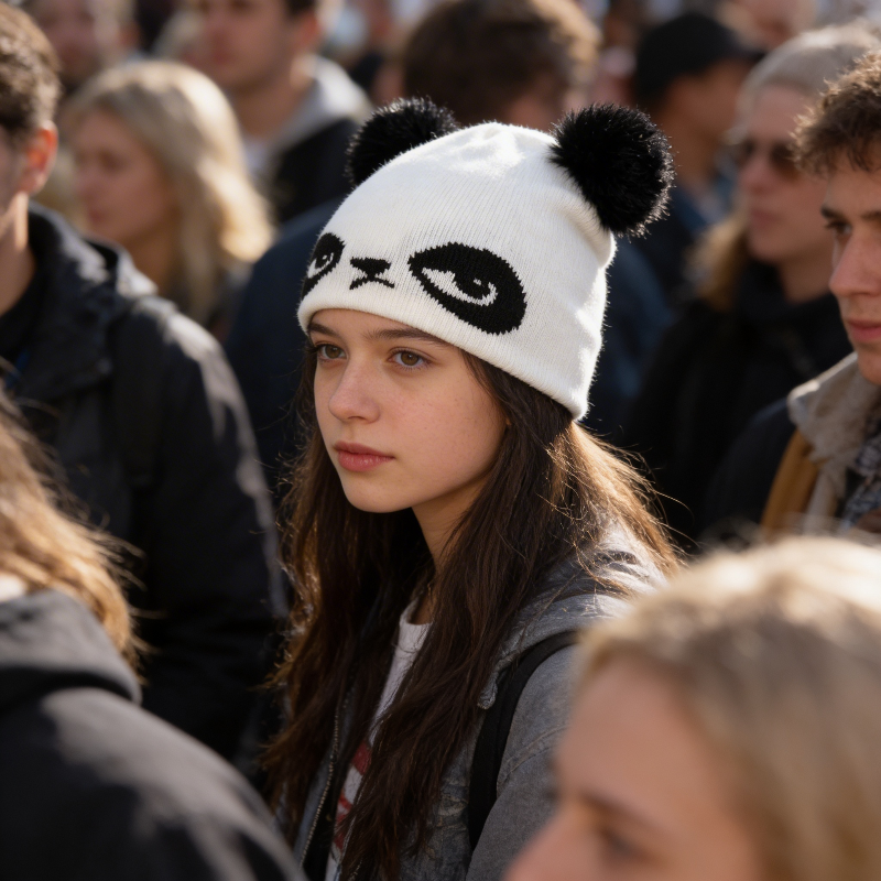 Person wearing a panda-themed beanie in a crowd