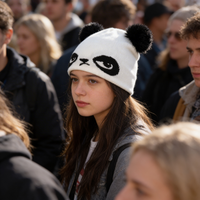 Person wearing a panda-themed beanie in a crowd