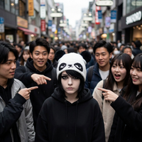 Person wearing a panda-themed hat in a crowded urban street scene