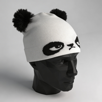 White beanie with black panda design on a mannequin head against a gray background