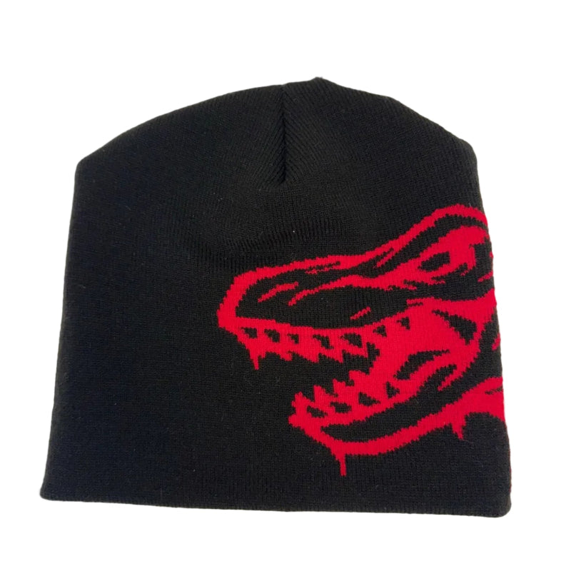 Black beanie with red t-rex on it