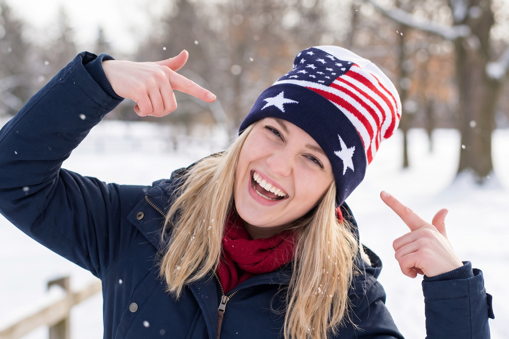 Woman in a snowy landscape wearing an American flag beanie and pointing at herself.