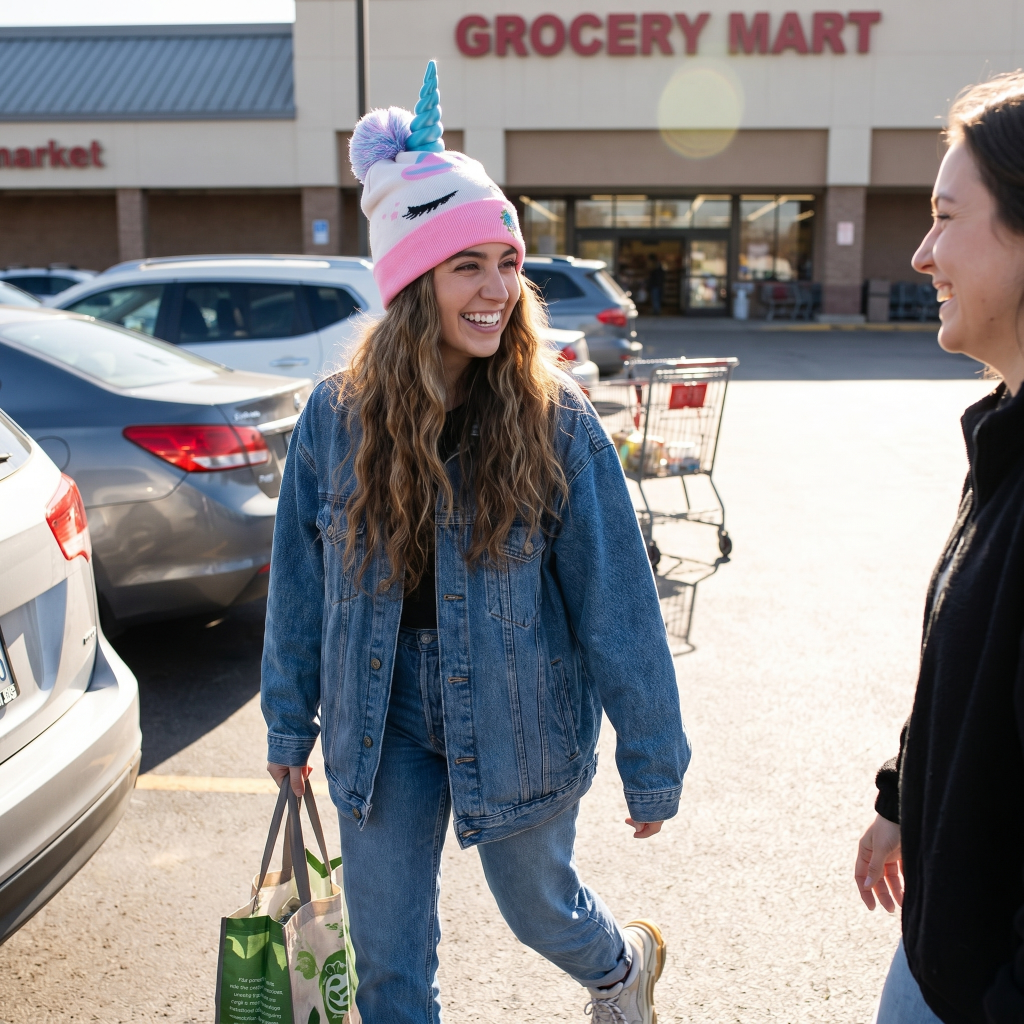 Two women talking in a parking lot with a grocery store in the background, one in unicorn beanie