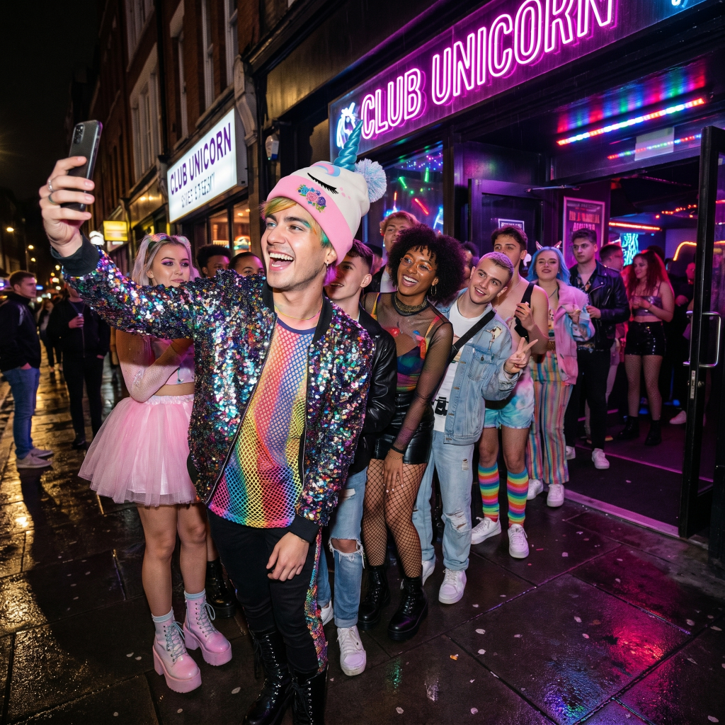 Group of people outside Club Unicorn at night, with one person taking a selfie.