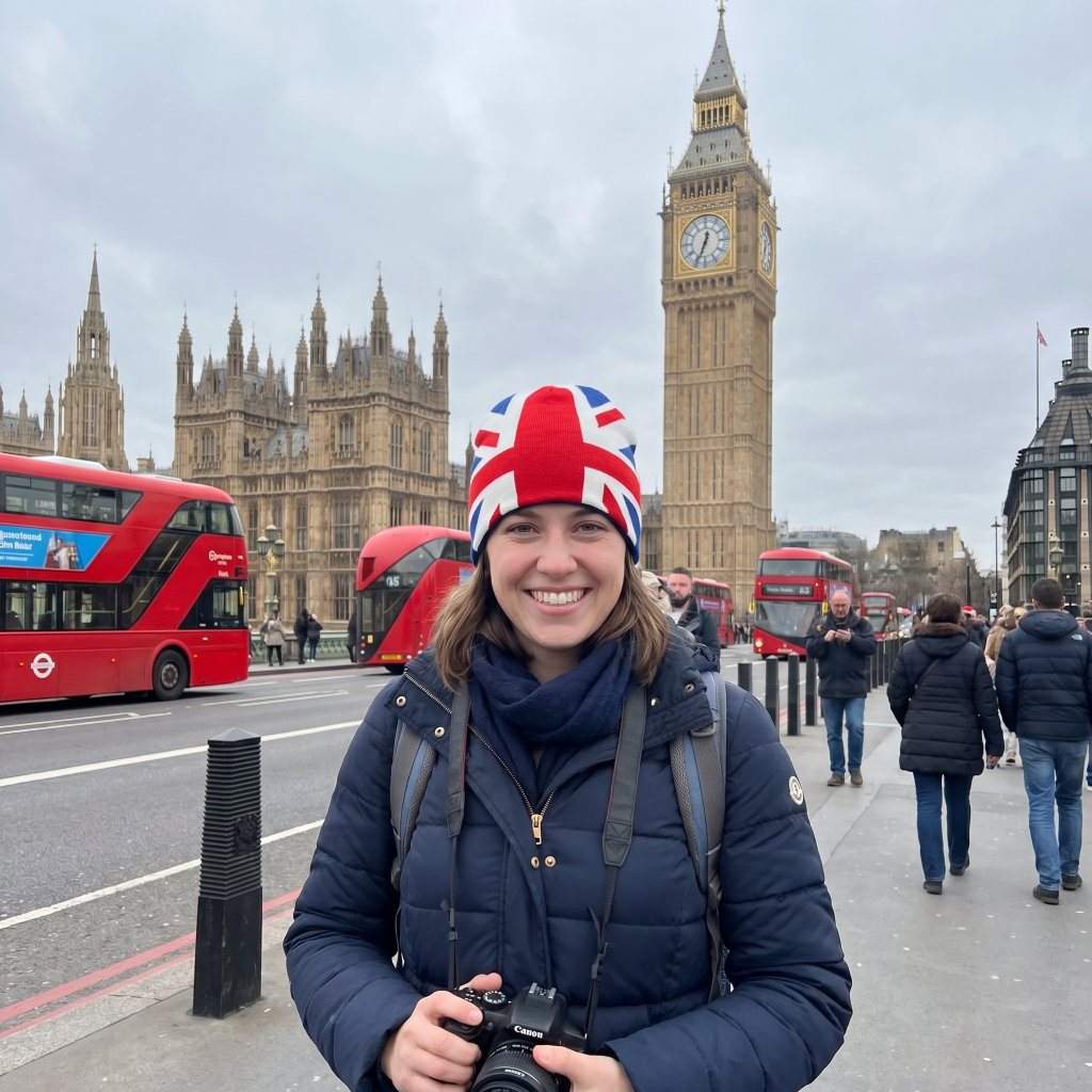 Person wearing a Union Jack hat in front of Big Ben and red double-decker buses in London.