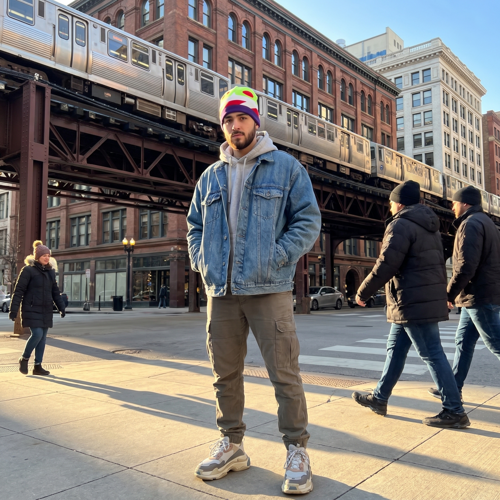 Man wearing a buzz lightyear beanie and denim jacket standing on a city street with a train in the background.